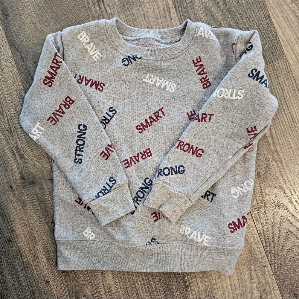 3t Gray Crewneck‎ Sweater Red White Blue Text Patriotic Nautical USA Brave Smart